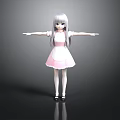 3D Model Girl With Gray Hair Pink Dress White Apron Arms Outstretched Gray Background Reflection