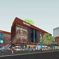 Modern Commercial Street With Brauhaus Building Red Facade Glass Windows And Pedestrians