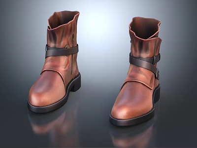 Brown Leather Boots With Black Straps And Buckle Design Vintage Style 3d model