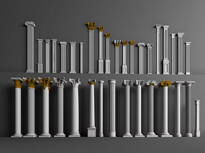 Various Roman Columns Designs With White Bodies And Gold Decorative Capitals 3d model