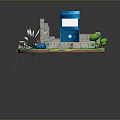 3D Floating Island Scene With Blue Building Geometric Patterns Green Grass Trees Flowers And Waterfall