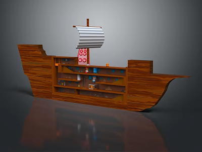 Ship Shaped Wooden Bookshelf With Multiple Shelves Items Small Mast Striped Sail Red Number 68 3d model
