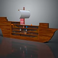 Ship Shaped Wooden Bookshelf With Multiple Shelves Items Small Mast Striped Sail Red Number 68