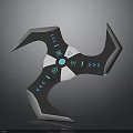 Futuristic Multi Blade Throwing Weapon With Blue Glowing Accents And Central Core