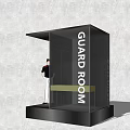 Modern Glass Enclosed Guard Room With Security Guard Standing Inside 3d model