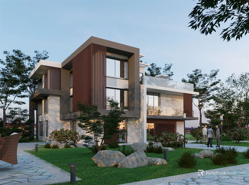 Modern Detached Villa with Exterior Design Large Windows Balcony Green Plants Lawn And Stone Path 3d model 