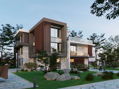 Modern Detached Villa with Exterior Design Large Windows Balcony Green Plants Lawn And Stone Path 3d model
