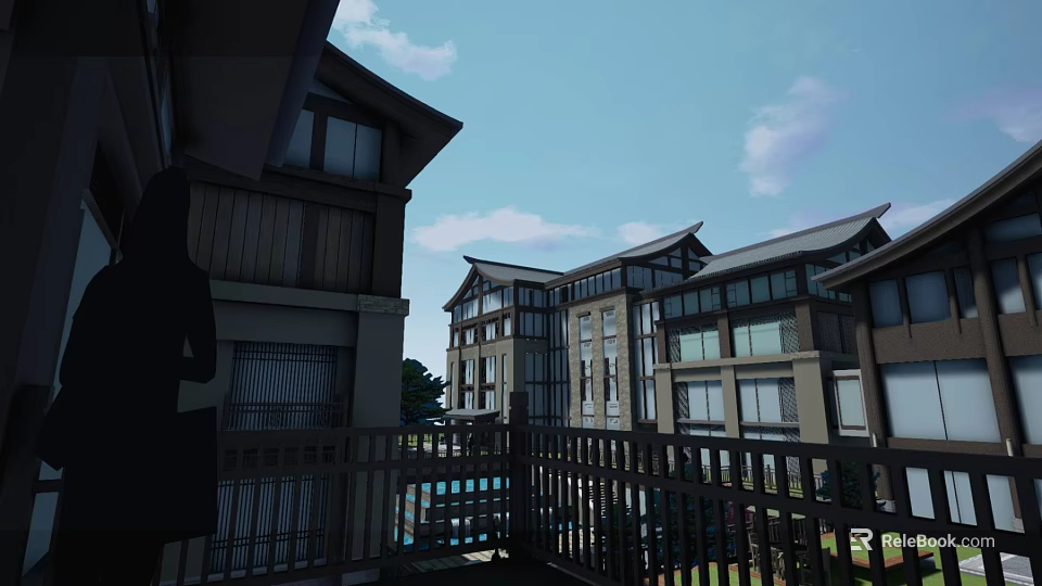 Traditional Modern Hotel Building With Multi Story Design And Wooden Accents 3d model 