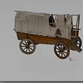 Vintage Old Covered Wagon Featuring Wooden Structure Worn Canvas Cover and Rustic Wooden Wheels