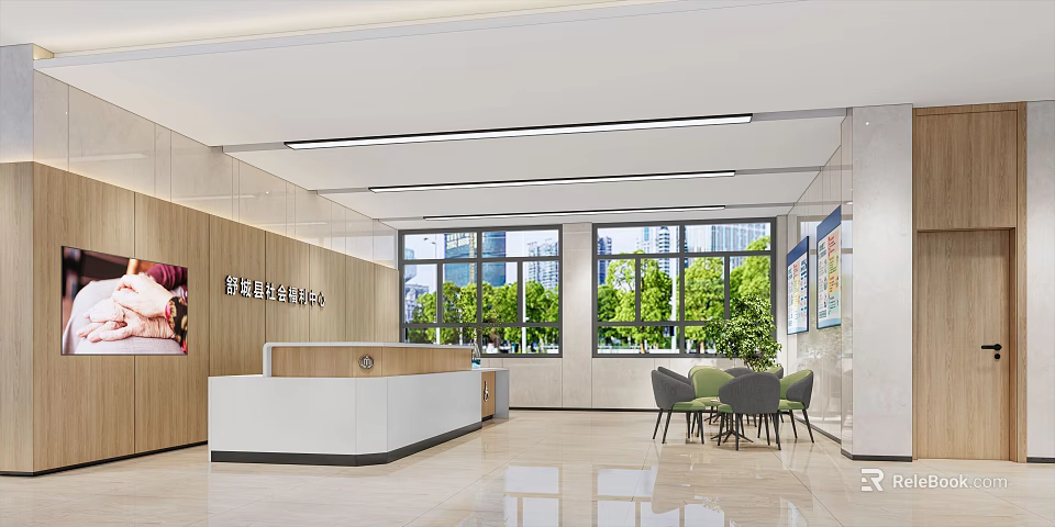 Modern Office Reception Front Desk With Large Windows Green Views And Waiting Chairs 3d model 