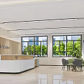 Modern Office Reception Front Desk With Large Windows Green Views And Waiting Chairs