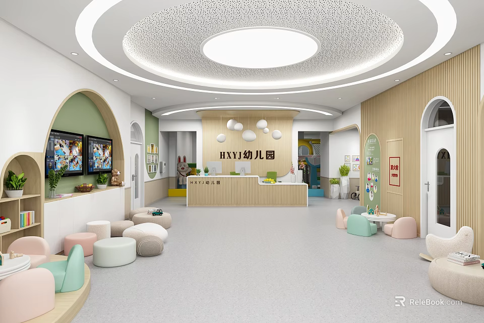 Modern Kindergarten Interior Design With Arched Doorways Wooden Walls Circular Lights And Colorful Seats 3d model 