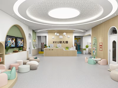 Modern Kindergarten Interior Design With Arched Doorways Wooden Walls Circular Lights And Colorful Seats 3d model
