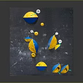 Blue and Yellow Sports Equipment Flying Discs with Numbered Tags and Various Models