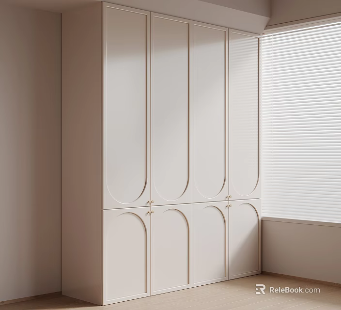 Modern White Wardrobe With Arched Panel Doors And Window Blinds Interior Design 3d model 
