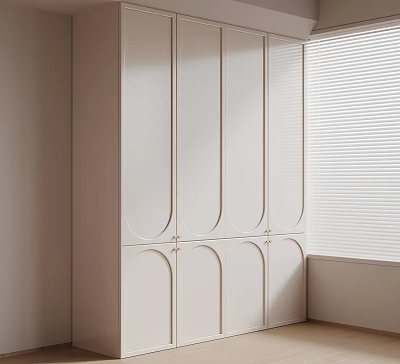 Modern White Wardrobe With Arched Panel Doors And Window Blinds Interior Design 3d model
