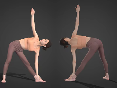 Woman Practicing Yoga Side Stretch Pose In Orange Top And Brown Pants 3d model