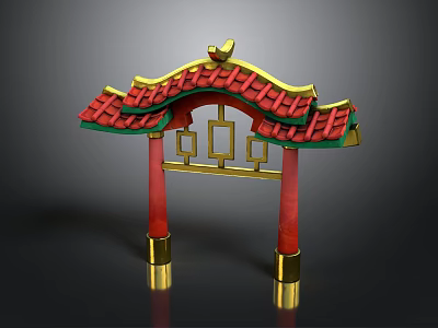 Traditional Chinese Archway Architecture With Red Pillars Golden Ornaments And Red Green Roof 3d model