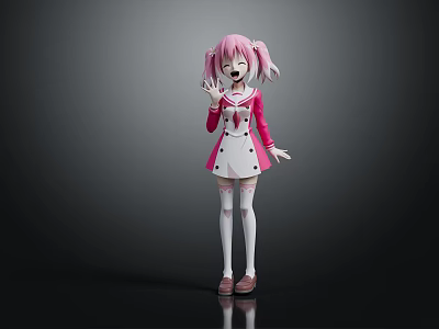 Pink Haired Anime Girl Character With Twin Ponytails Red White Uniform And White Socks 3d model