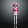 Pink Haired Anime Girl Character With Twin Ponytails Red White Uniform And White Socks