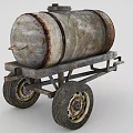 Rusty Metal Tank Utility Vehicle With Trailer Wheels And Cargo Structure