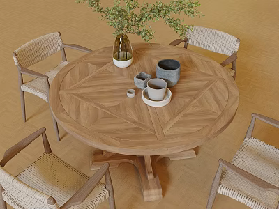 Round Wooden Dining Table With Parquet Top And Four Wicker Chairs Indoor 3d model