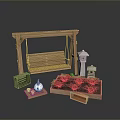 Outdoor Garden Decor With Wooden Swing Plant Pots Lantern And Crates