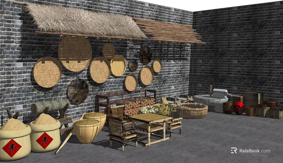 Traditional Agricultural Equipment With Woven Drying Baskets Wooden Buckets And Rural Brick Wall 3d model 