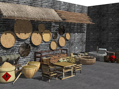 Traditional Agricultural Equipment With Woven Drying Baskets Wooden Buckets And Rural Brick Wall 3d model