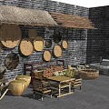Traditional Agricultural Equipment With Woven Drying Baskets Wooden Buckets And Rural Brick Wall