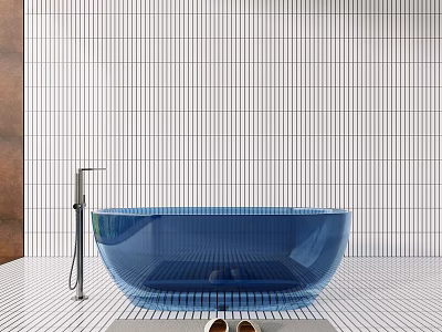 Sleek Blue Bathtub Interior With Chrome Faucet White Grid Tile Backsplash And White Countertop 3d model