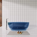Sleek Blue Bathtub Interior With Chrome Faucet White Grid Tile Backsplash And White Countertop