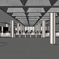 Modern Station Corridor With Wooden Railings Latticed Walls Concrete Ceiling And Natural Light