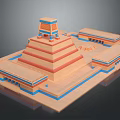 Cartoon Scene Of Ancient Stepped Pyramid With Top Temple And Symmetrical Orange Blue Buildings