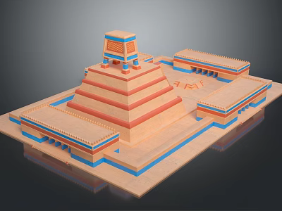 Cartoon Scene Of Ancient Stepped Pyramid With Top Temple And Symmetrical Orange Blue Buildings 3d model