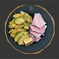 Fresh Avocado Slices with Ham Slices and Sliced Boiled Egg on Blue Plate