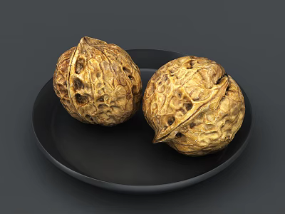 Two Fresh Walnuts on Black Plate with Natural Shell Texture and Healthy Snack 3d model