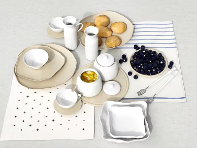 White and Beige Tableware Set with Plates Cups Kettle Bread Blueberries Napkins Placemats and Utensils 3d model