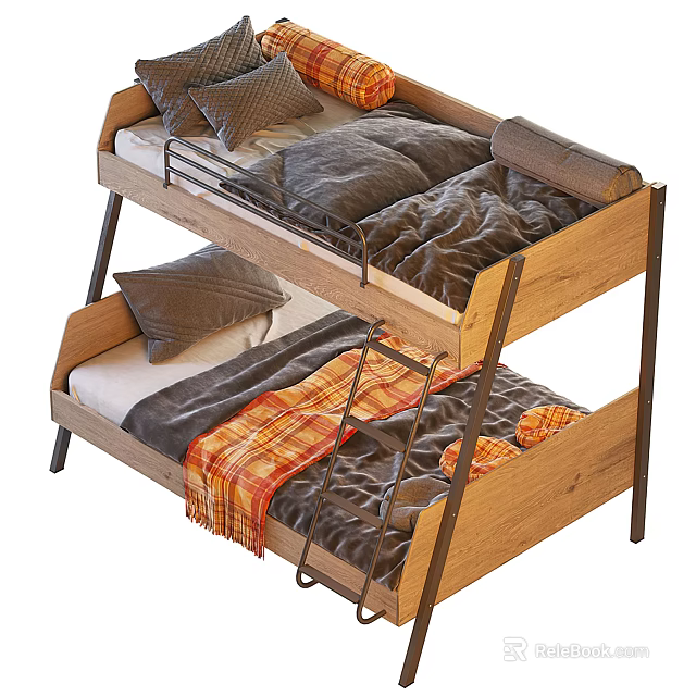 Modern Wooden Bunk Bed with Metal Ladder Mattresses Pillows and Plaid Blanket 3d model 