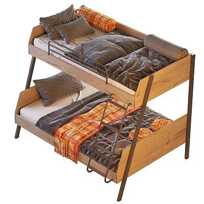 Modern Wooden Bunk Bed with Metal Ladder Mattresses Pillows and Plaid Blanket 3d model