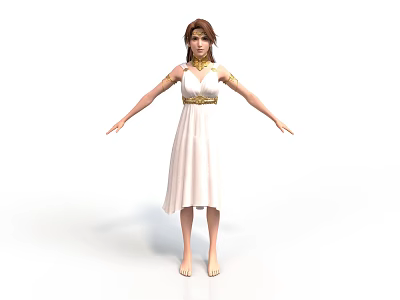 Woman with brown hair wearing white dress golden belt arm cuffs standing barefoot arms outstretched 3d model