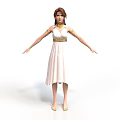 Woman with brown hair wearing white dress golden belt arm cuffs standing barefoot arms outstretched