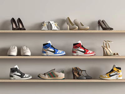 Various Shoes Displayed On Shelves With High Heels And Sneakers In Different Colors 3d model