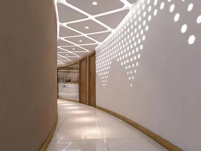Modern Office Corridor With Geometric Ceiling Design And Dot Pattern Wall Lighting 3d model