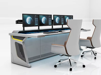 Modern Tech Desk With Three Monitors And Ergonomic Office Chairs 3d model