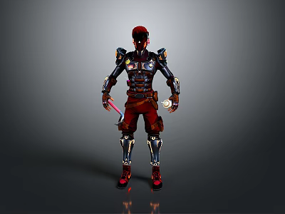 Futuristic Character With Red Helmet And Black Red Mechanical Armor Holding Weapons 3d model