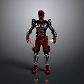 Futuristic Character With Red Helmet And Black Red Mechanical Armor Holding Weapons