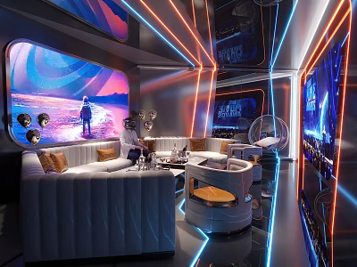 Modern KTV Interior Design with Neon Lighting Comfortable Sofas Large Screens and Sound System 3d model
