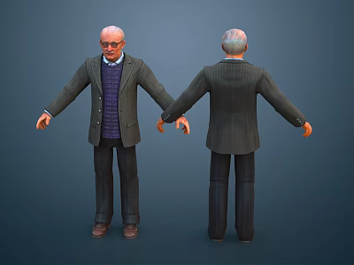 3D Elderly Man Character Front And Back View Wearing Striped Blazer Purple Sweater Dark Pants 3d model