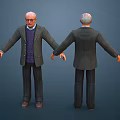 3D Elderly Man Character Front And Back View Wearing Striped Blazer Purple Sweater Dark Pants